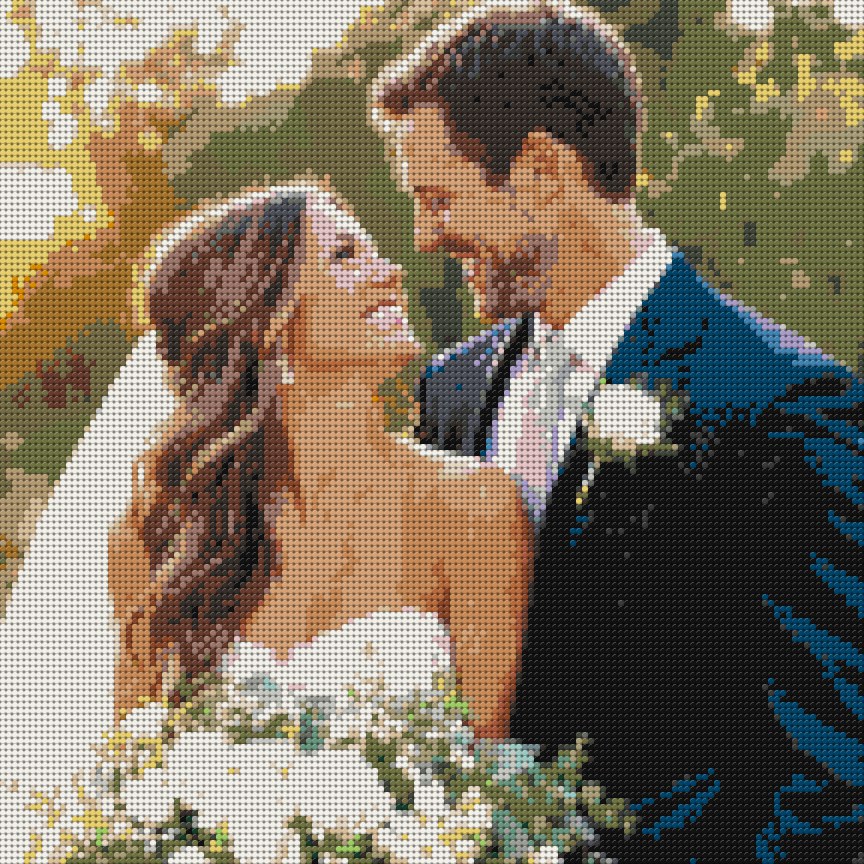 Round-brick mosaic of a bride and groom