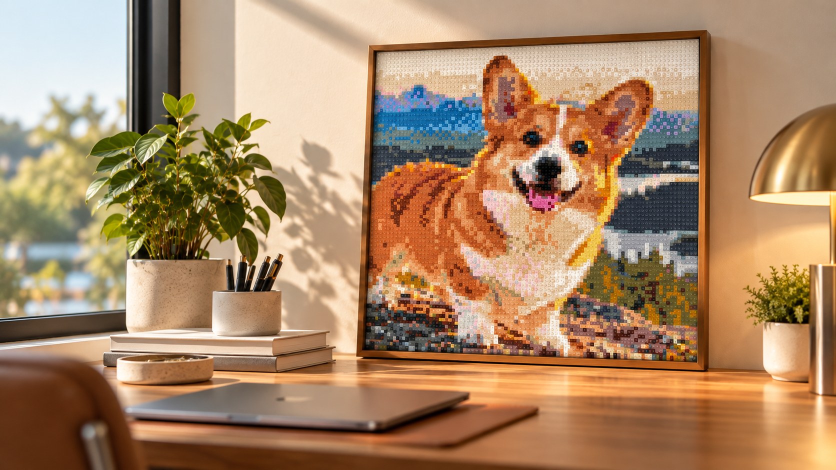 A dog portrait assembled from colorful square tiles at home