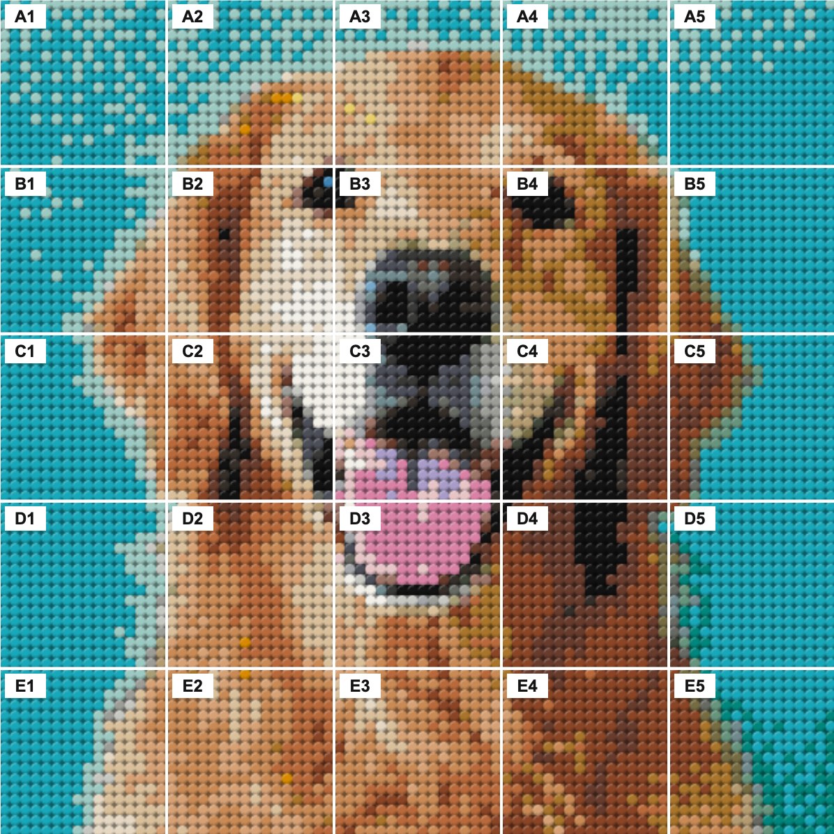 A 3×3 arrangement of labeled backing panels — A1 through C3 — forming a golden retriever artwork