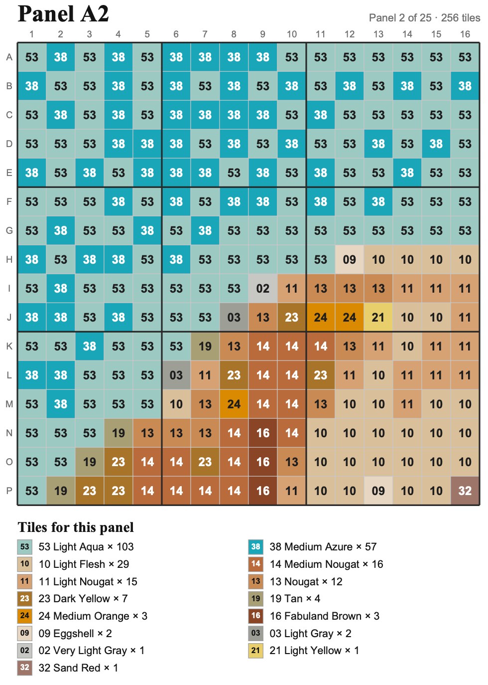 Panel A1 build diagram — a 16×16 numbered grid with the color-key tile counts listed beneath