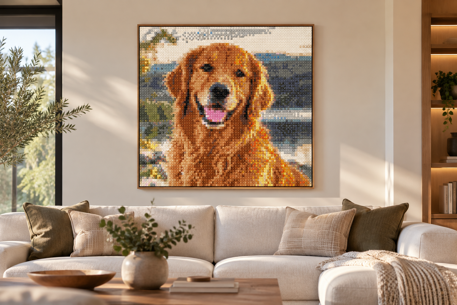Framed pixel-art portrait of the baby hanging on a living-room wall