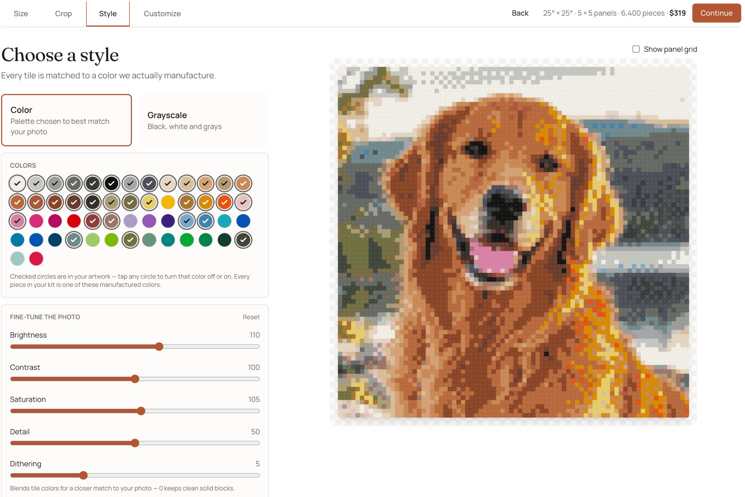 The style step: choosing color or grayscale, the 54-color palette and fine-tune sliders beside the live artwork preview