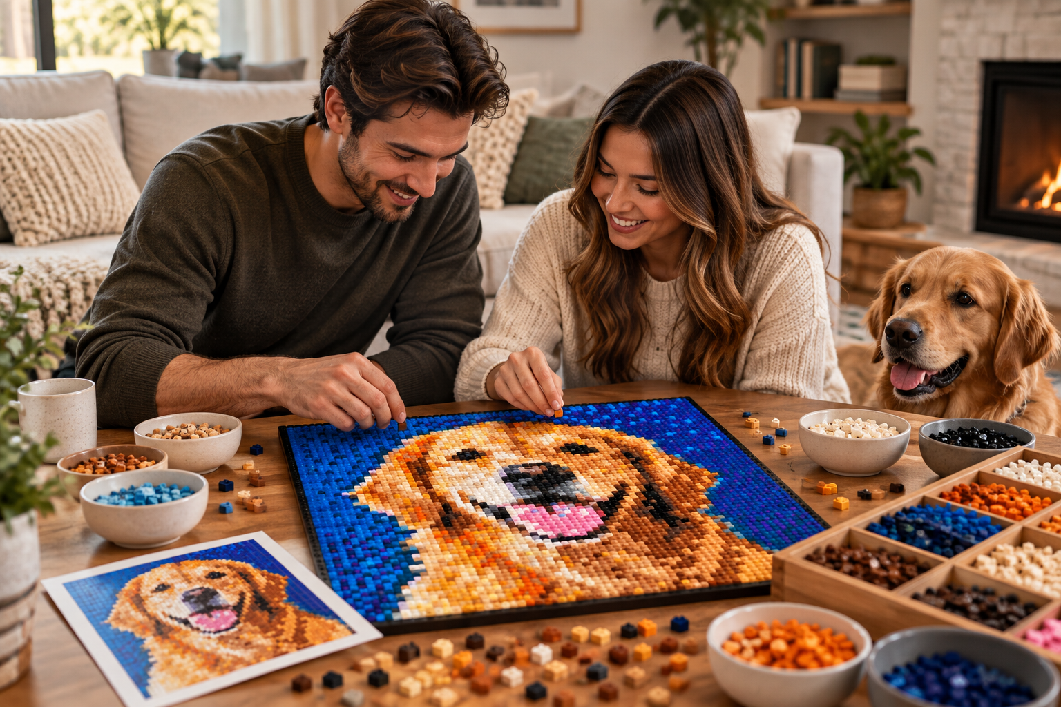 Couple assembling a golden retriever mosaic together