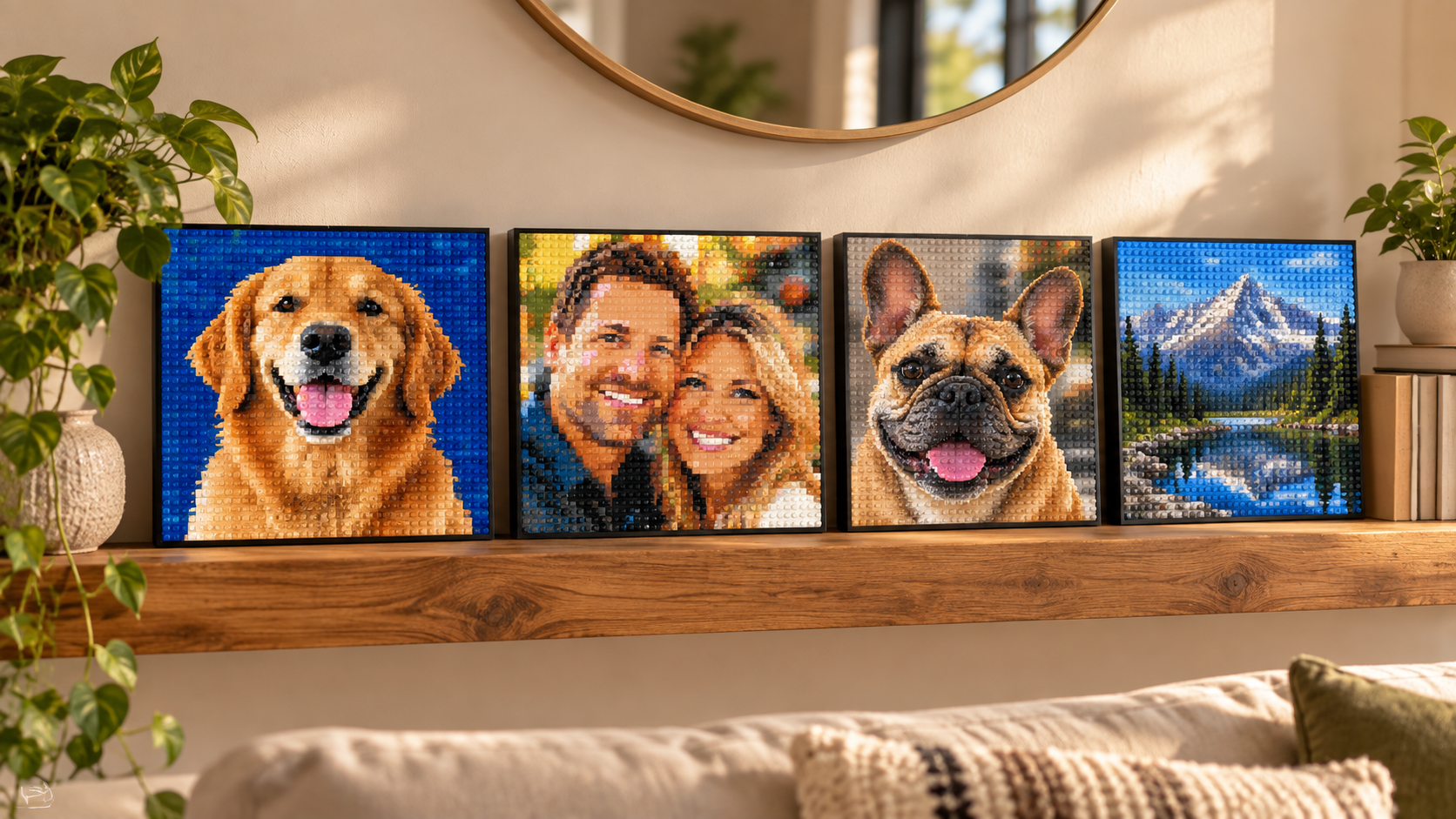 Finished pixel portraits of a dog, couple, and cat