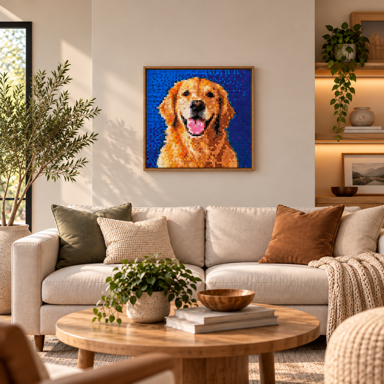 Framed golden retriever pixel artwork above a living room sofa