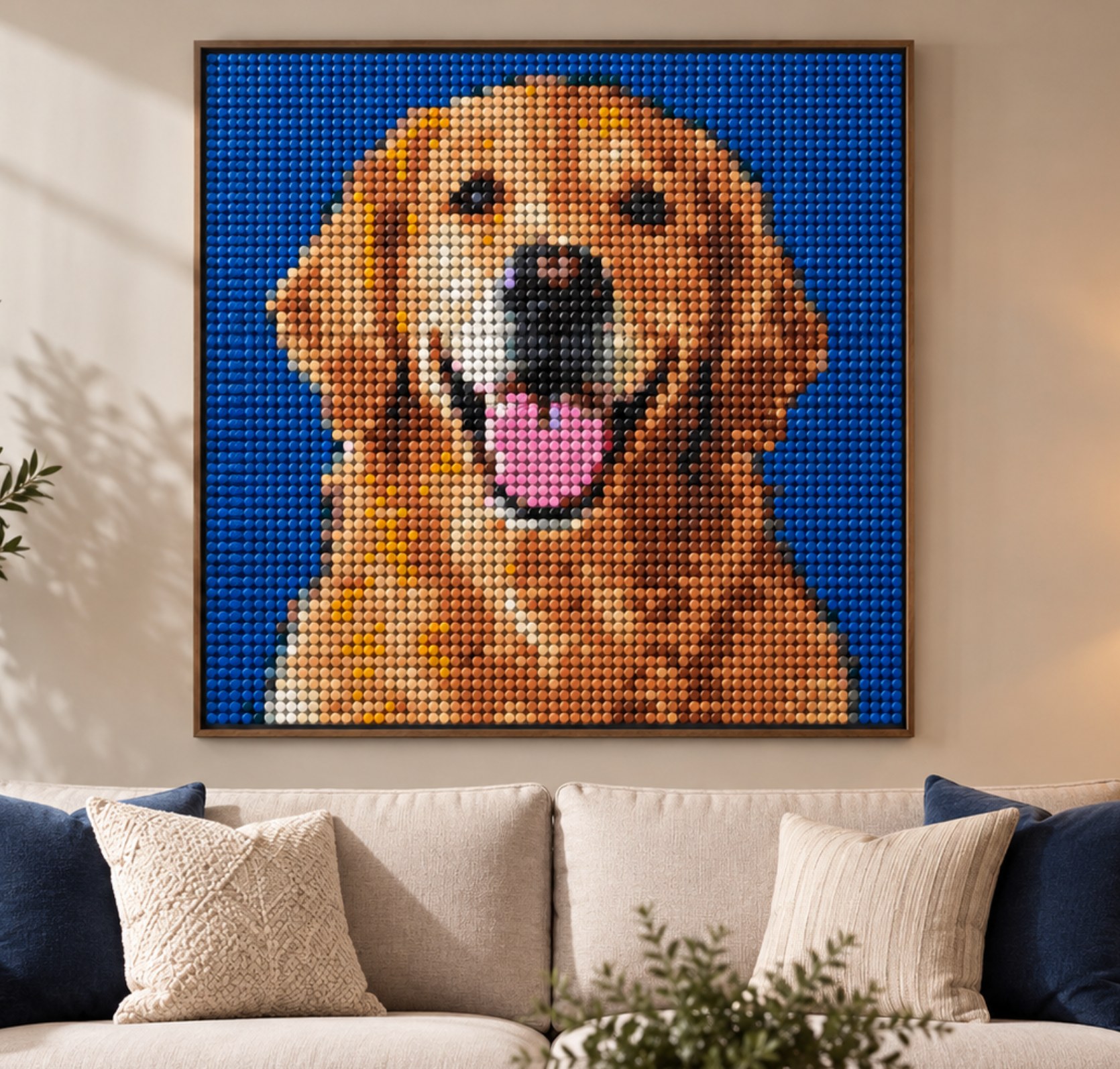 Completed golden retriever mosaic displayed in a living room
