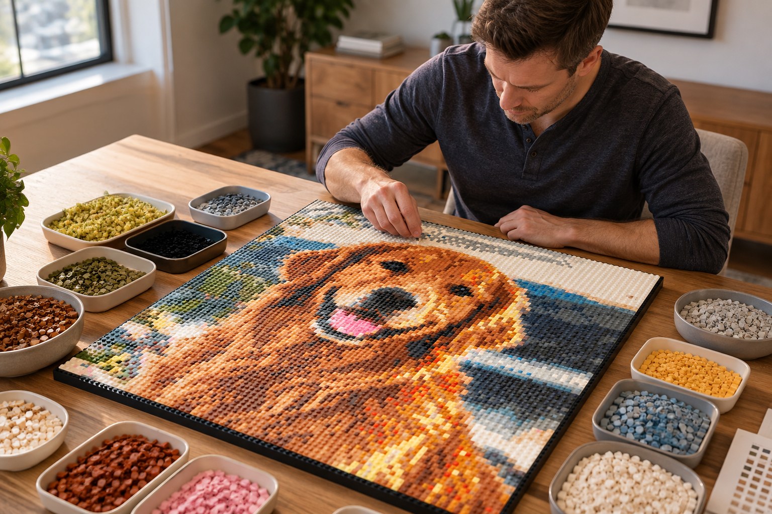 Two people building a large pixel-art portrait together on the floor, with bins of sorted tiles beside them
