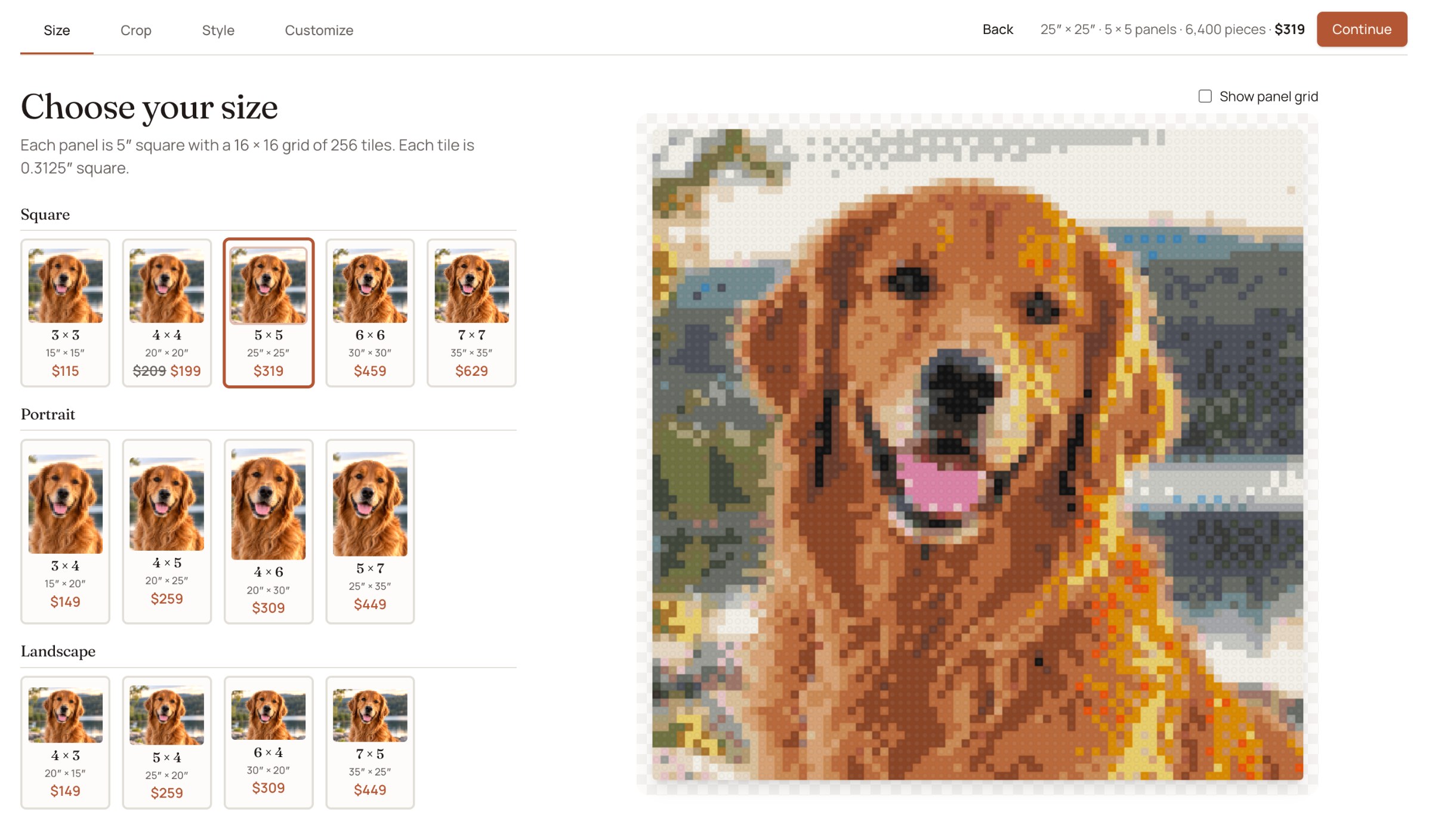 Choosing a size: square, portrait and landscape options with prices beside the live artwork preview
